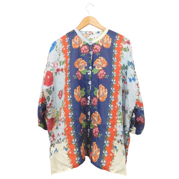 Johnny Was Tops - Johnny Was Kallipoe Button Up Floral Print Blouse Size M Silk‎ Bohemian